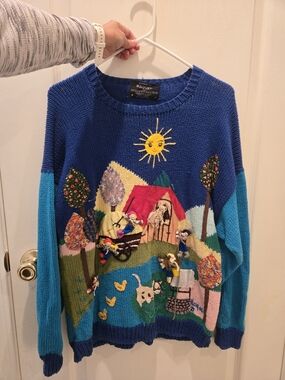 Raquel's Collection Blue & Teal Embellished Farmhouse Sweater